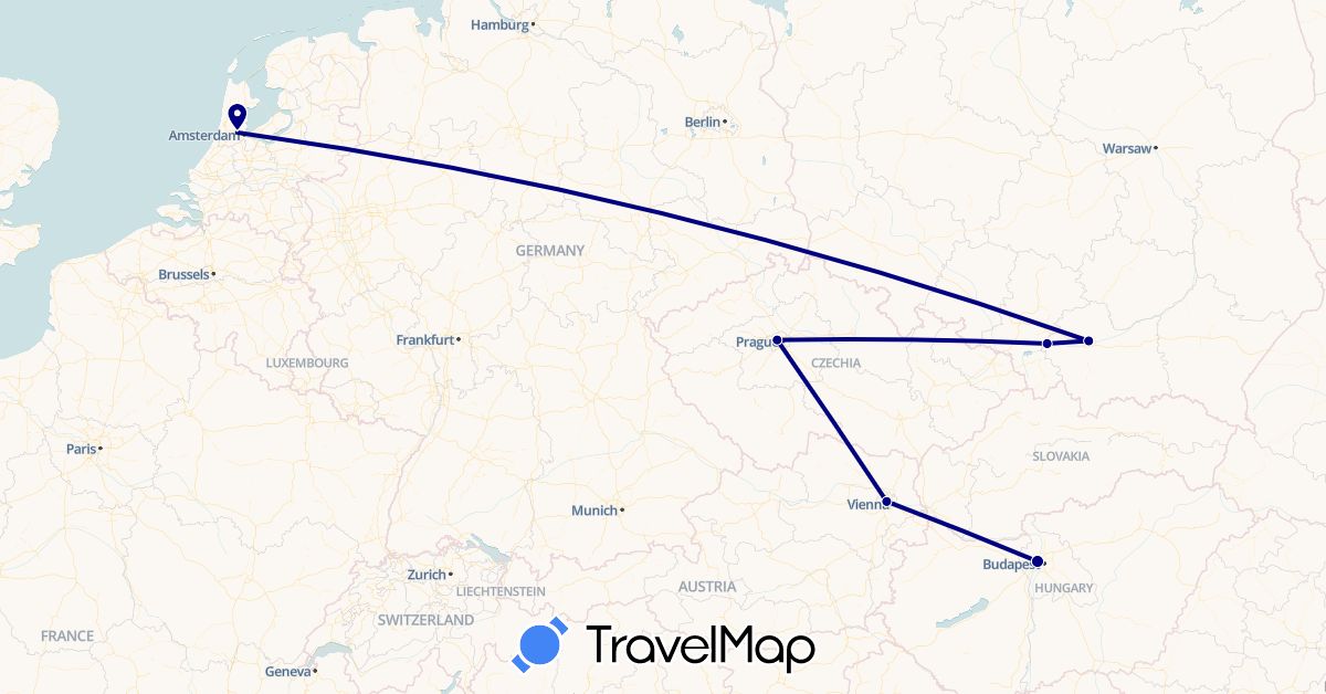 TravelMap itinerary: driving in Austria, Czech Republic, Hungary, Netherlands, Poland (Europe)